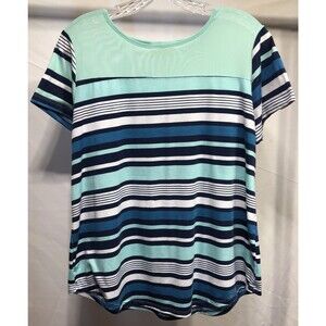 Bobbie Brooks Tee Mesh Pullover Top XL Green Blue Stripe Round Hem Capsule